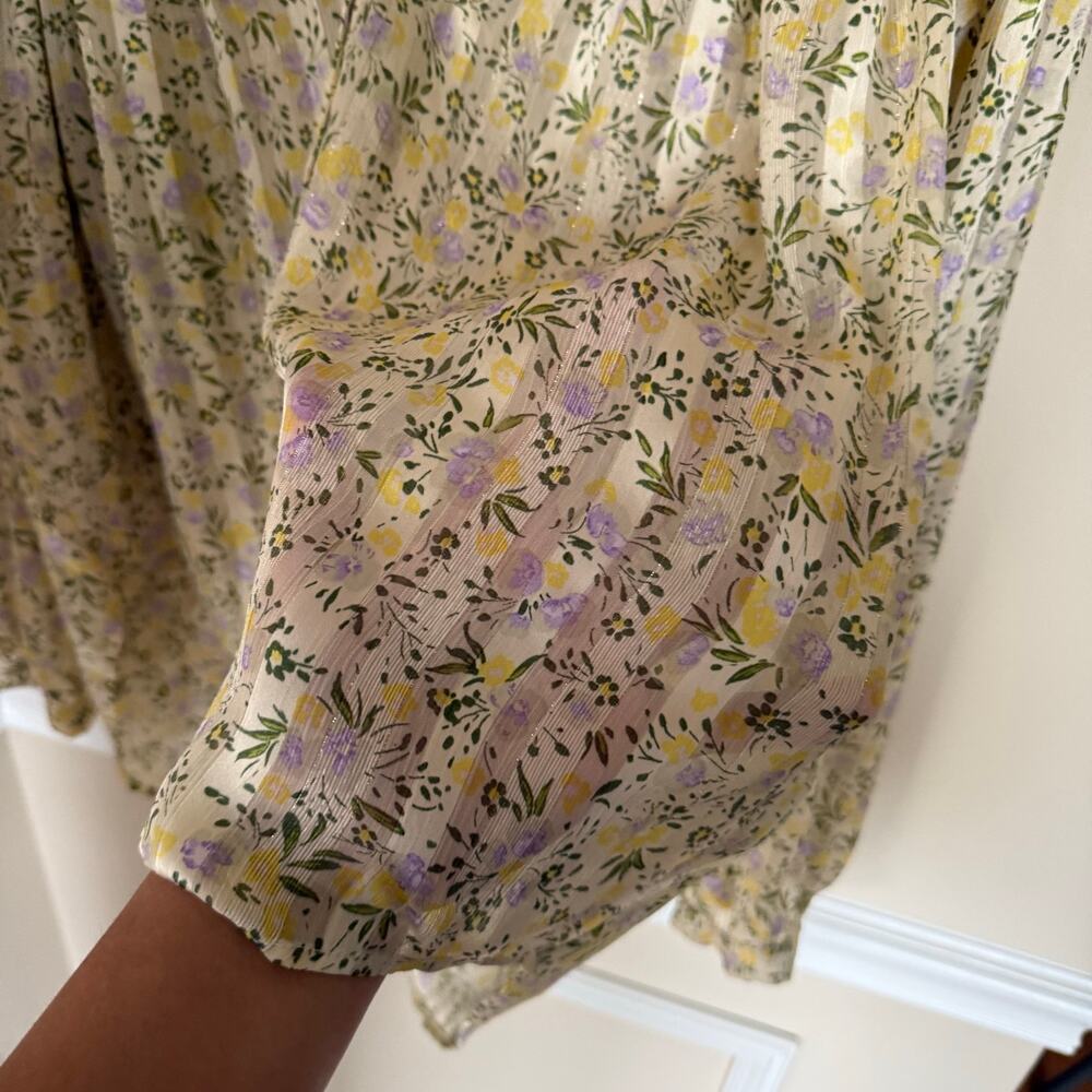 ZARA Preppy Summer Blouse Floral V-Neck Collared Balloon Sleeve Pleated Top - Picture 10 of 15